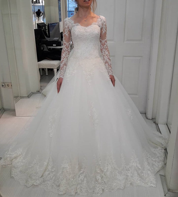 A-line Princess Style Tulle Wedding Dresses Lace Long Sleeves