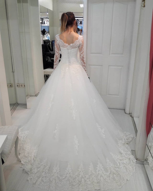 A-line Princess Style Tulle Wedding Dresses Lace Long Sleeves