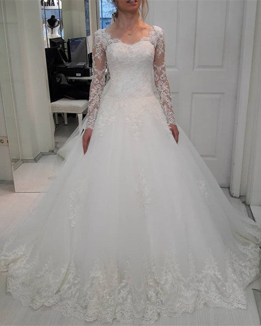 A-line Princess Style Tulle Wedding Dresses Lace Long Sleeves