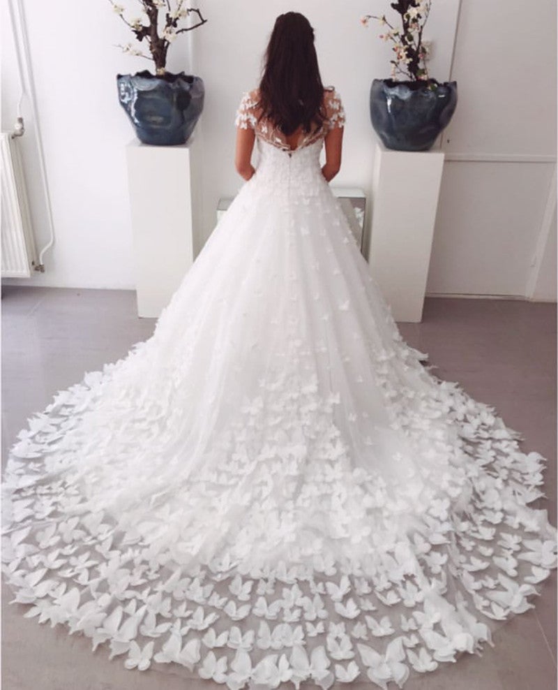 A-line Sweep Train Butterfly Wedding Dresses Lace Cap Sleeves