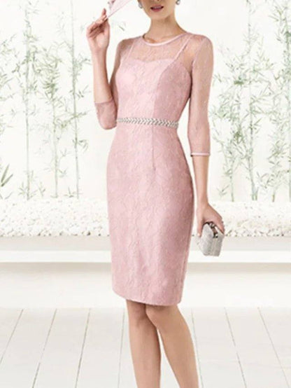 Sheath / Column Mother of the Bride Dress Elegant Jewel Neck Knee Length Chiffon Lace Half Sleeve with Sash / Ribbon - RongMoon