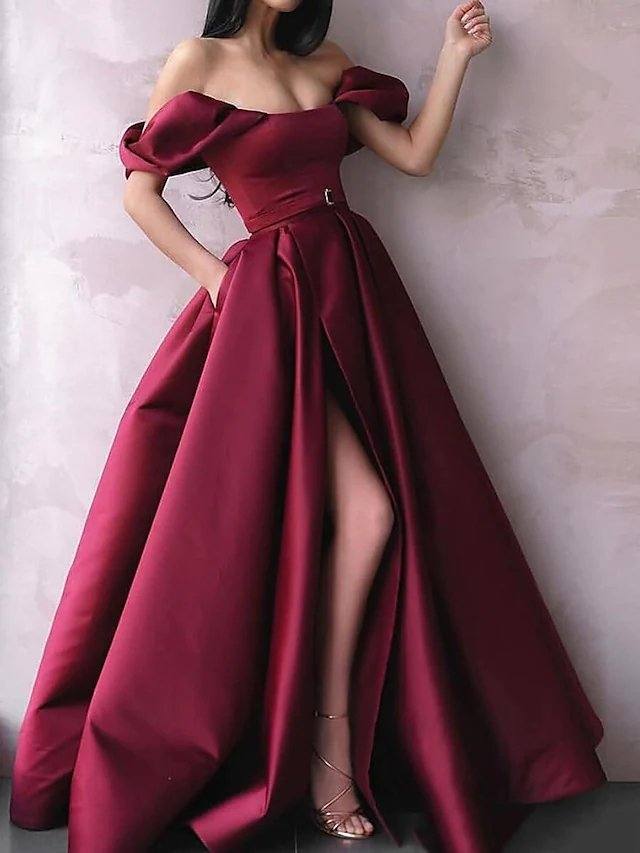 A-Line Elegant Sexy Wedding Guest Prom Dress Off Shoulder Short Sleeve Floor Length Satin with Pleats Split - RongMoon