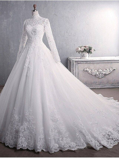 Princess A-Line Wedding Dresses High Neck Court Train Lace Tulle Long Sleeve Formal Romantic Luxurious with Appliques - RongMoon