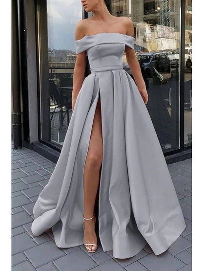 A-Line Minimalist Sexy Engagement Prom Dress Off Shoulder Sleeveless Floor Length Satin with Split - RongMoon