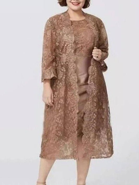 Sheath / Column Mother of the Bride Dress Plus Size Elegant Jewel Neck Knee Length Lace Long Sleeve with Lace - RongMoon