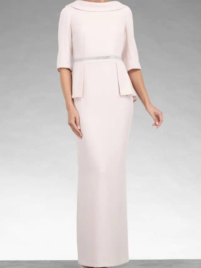 Sheath / Column Mother of the Bride Dress Elegant Cowl Neck Floor Length Stretch Satin Half Sleeve with Beading - RongMoon
