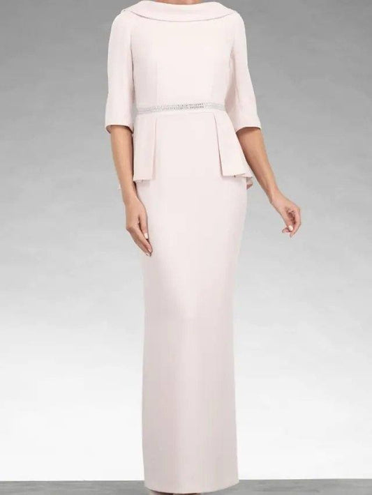 Sheath / Column Mother of the Bride Dress Elegant Cowl Neck Floor Length Stretch Satin Half Sleeve with Beading - RongMoon