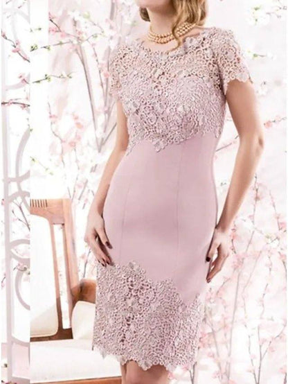 Two Piece Mother of the Bride Dress Elegant Jewel Neck Knee Length Lace Satin Long Sleeve with Embroidery - RongMoon