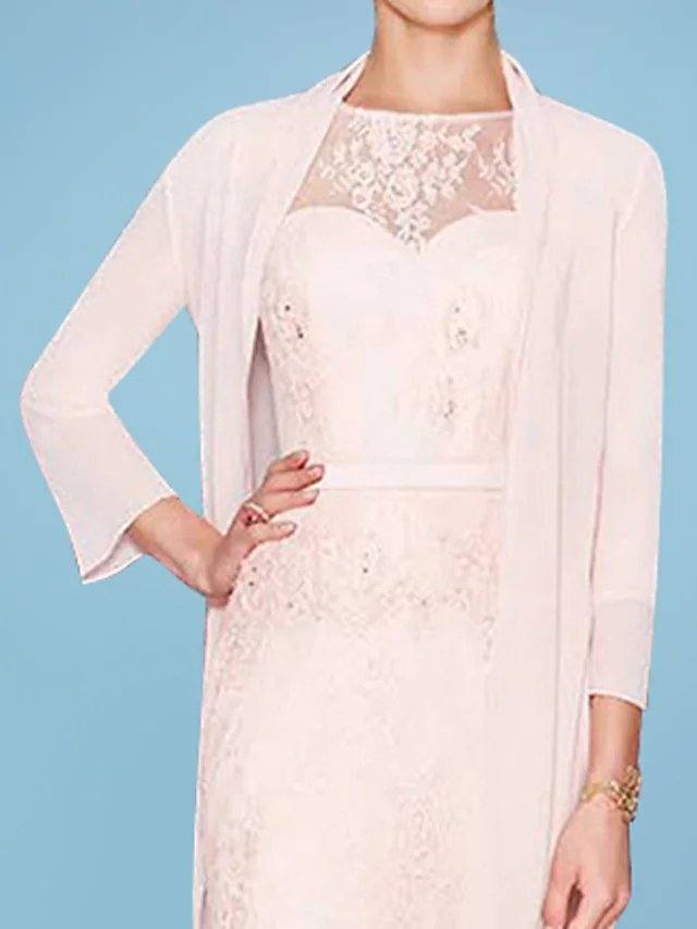Two Piece Sheath / Column Mother of the Bride Dress Elegant Illusion Neck Knee Length Chiffon Lace 3/4 Length Sleeve with Sash / Ribbon Embroidery - RongMoon