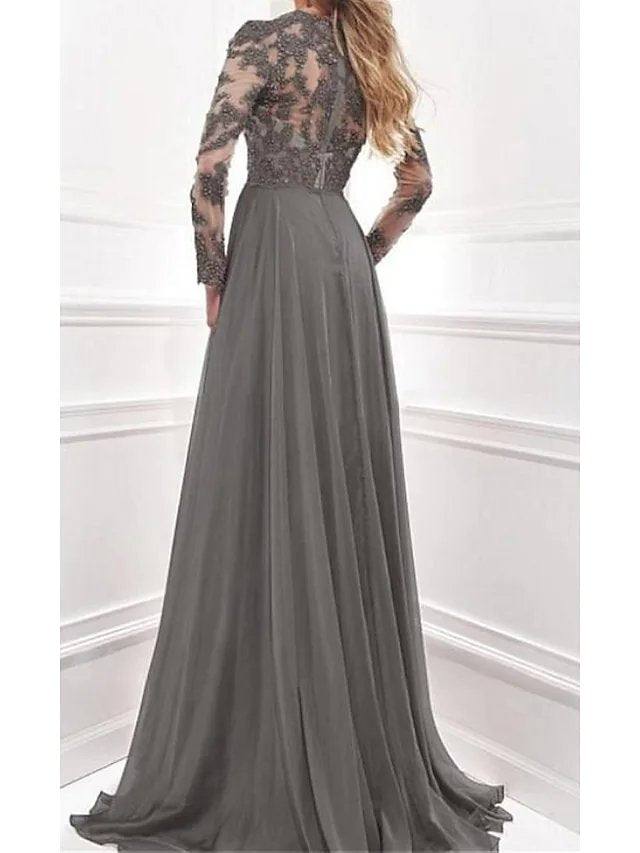 A-Line Mother of the Bride Dress Elegant V Neck Sweep / Brush Train Chiffon Lace Satin Long Sleeve with Pattern / Print Split Front - RongMoon