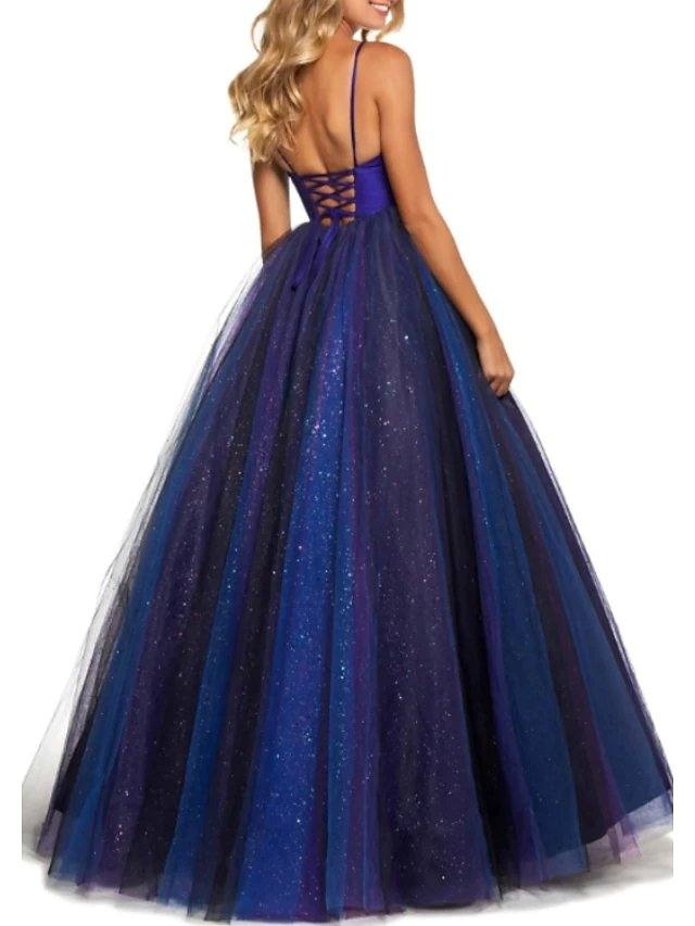 Ball Gown Open Back Prom Dress Spaghetti Strap Sleeveless Floor Length Tulle with Pleats - RongMoon