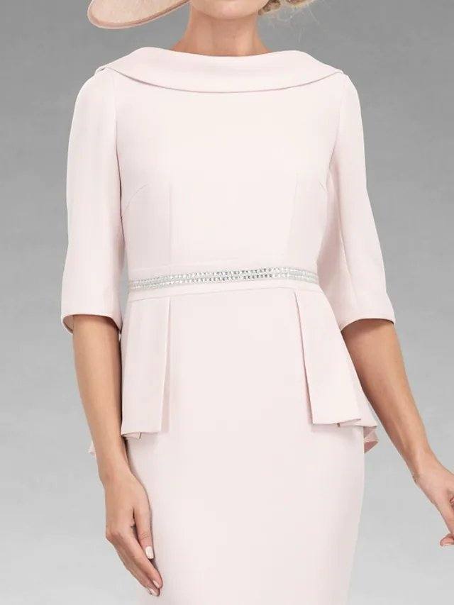 Sheath / Column Mother of the Bride Dress Elegant Cowl Neck Floor Length Stretch Satin Half Sleeve with Beading - RongMoon