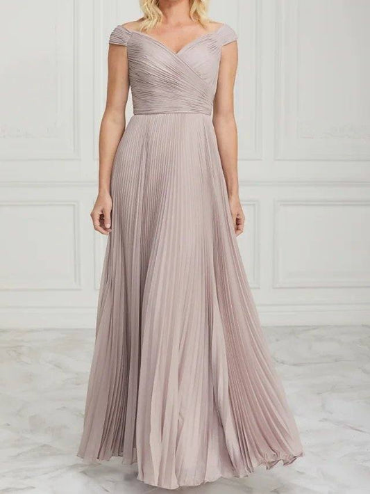 A-Line Mother of the Bride Dress Elegant Off Shoulder Floor Length Chiffon Sleeveless with Pleats Ruching - RongMoon