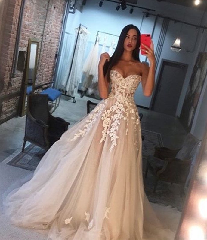 Amazing Lace Embroidery Sweetheart Bodice Corset Tulle Wedding Dresses Princess