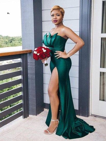 Sheath/Column Off-the-Shoulder Elastic Woven Satin Ruched Sleeveless Sweep/Brush Train Bridesmaid Dresses - RongMoon
