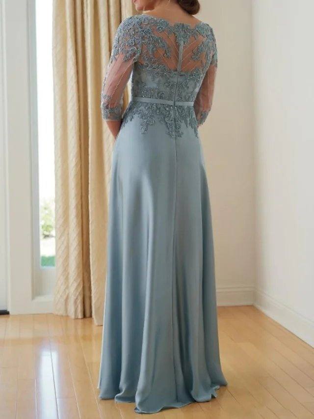A-Line Mother of the Bride Dress Elegant V Neck Floor Length Chiffon Lace Half Sleeve with Pleats Appliques - RongMoon