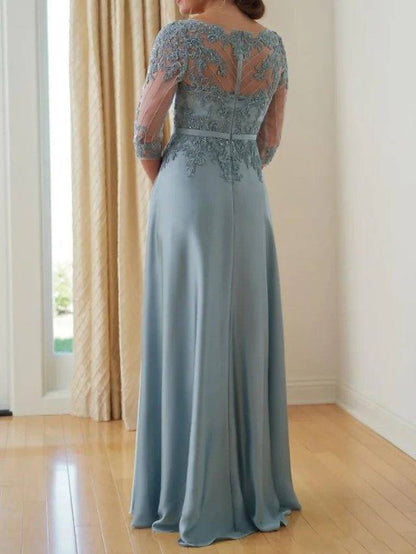 A-Line Mother of the Bride Dress Elegant V Neck Floor Length Chiffon Lace Half Sleeve with Pleats Appliques - RongMoon