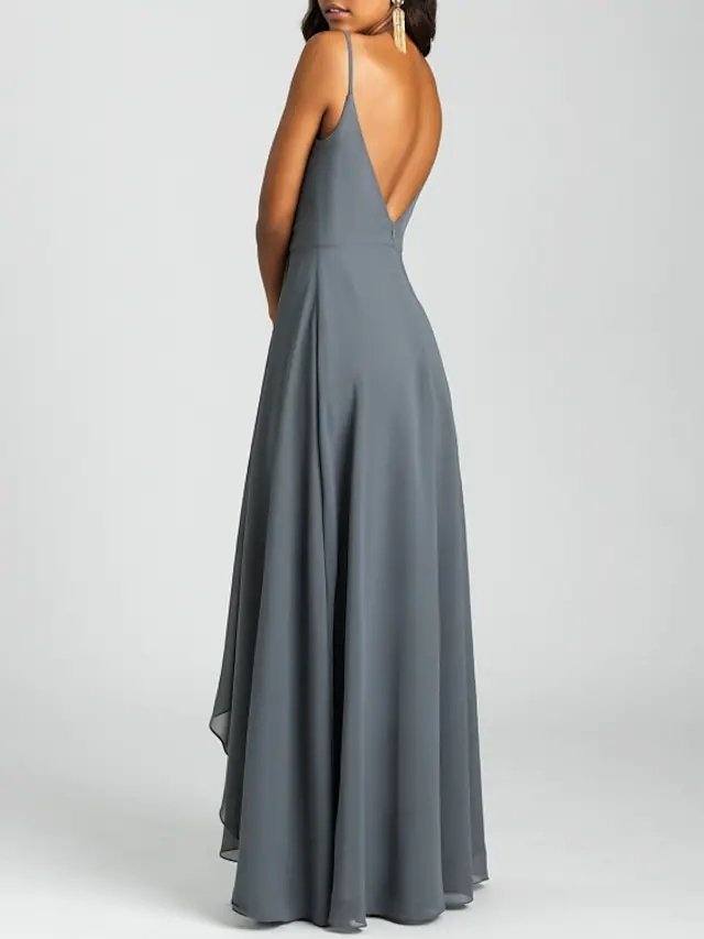 A-Line V Neck Floor Length Chiffon Bridesmaid Dress with Pleats / Ruffles - RongMoon