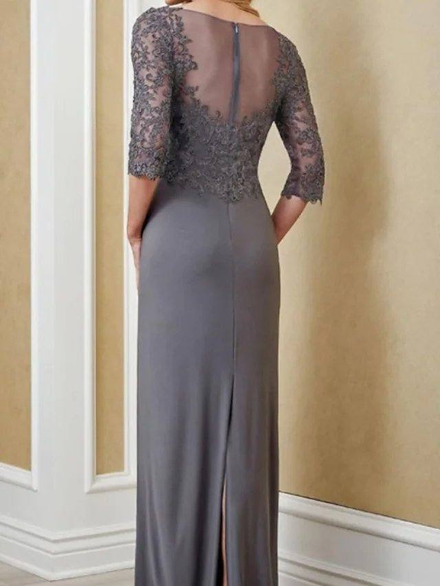 Sheath / Column Mother of the Bride Dress Elegant V Neck Floor Length Chiffon Lace 3/4 Length Sleeve with Embroidery - RongMoon