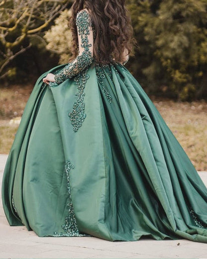 Ball Gown Satin Dresses Sheer Neckline Lace Beaded Long Sleeves