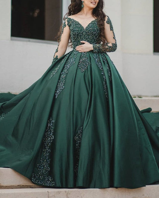 Ball Gown Satin Dresses Sheer Neckline Lace Beaded Long Sleeves