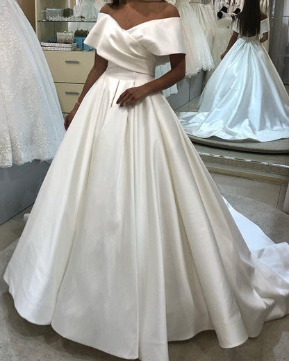 Ball Gown Wedding Dress Satin V Neck Off Shoulder