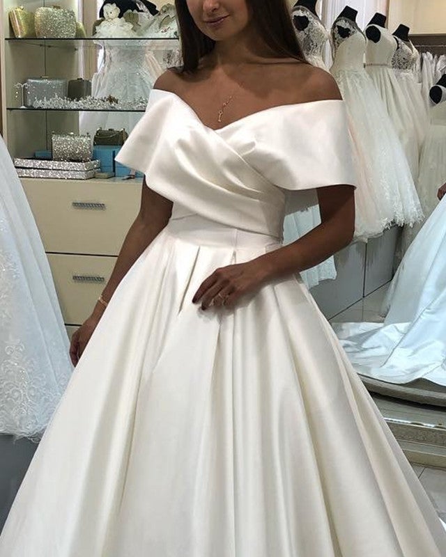 Ball Gown Wedding Dress Satin V Neck Off Shoulder