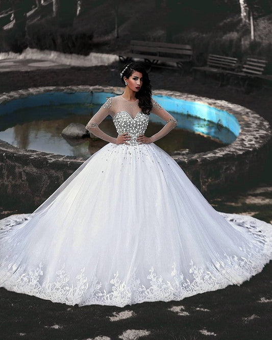 Ball Gown Wedding Dresses Crystal Beaded With Long Sleeves