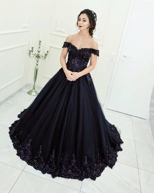 Black Tulle Ball Gowns Wedding Dress V Neck Lace Off The Shoulder