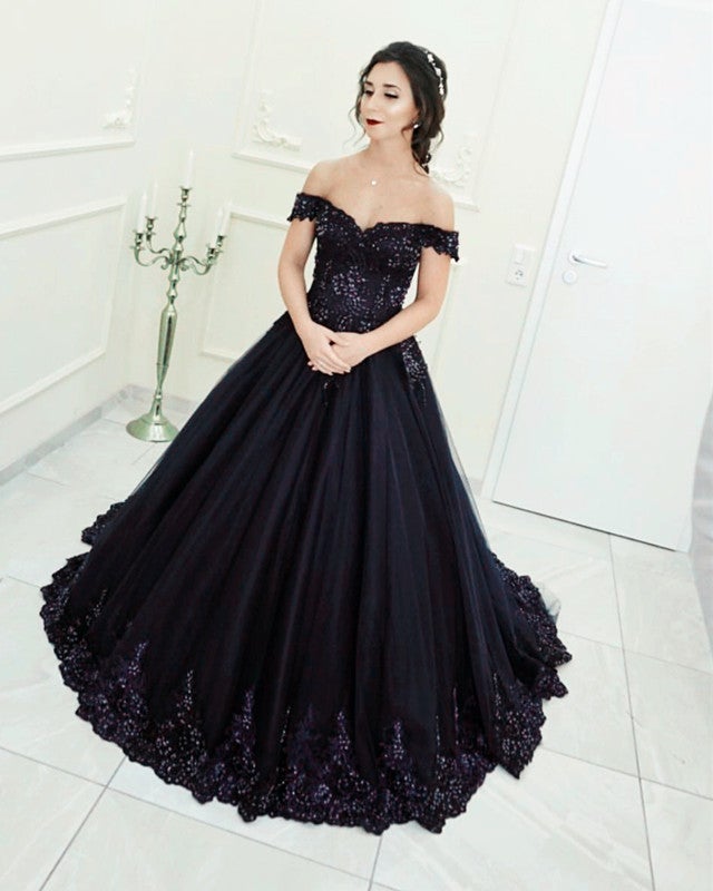Black Tulle Ball Gowns Wedding Dress V Neck Lace Off The Shoulder