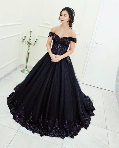 Black Tulle Ball Gowns Wedding Dress V Neck Lace Off The Shoulder
