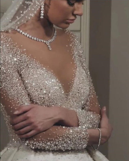 Bling Bling Wedding Dress Ball Gown Long Sleeves Sequin Beaded