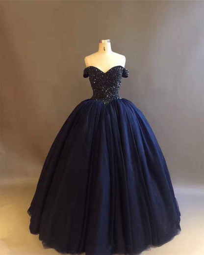 Bling Bodice Corset Navy Blue Ball Gowns Wedding Dresses Off The Shoulder