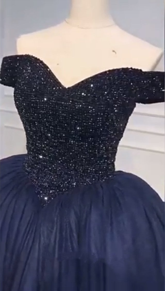 Bling Bodice Corset Navy Blue Ball Gowns Wedding Dresses Off The Shoulder