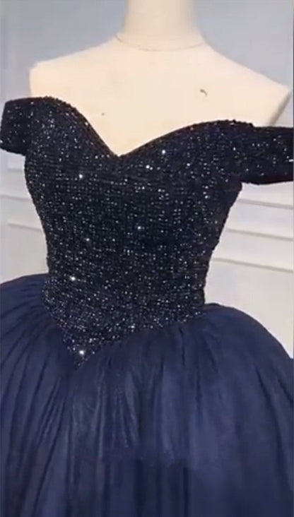 Bling Bodice Corset Navy Blue Ball Gowns Wedding Dresses Off The Shoulder