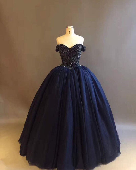 Bling Bodice Corset Navy Blue Ball Gowns Wedding Dresses Off The Shoulder