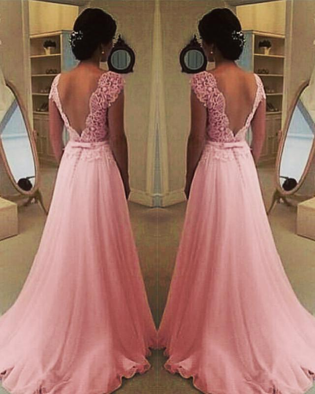 Blush Pink Chiffon Wedding Dress Lace Cap Sleeves