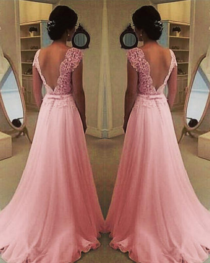 Blush Pink Chiffon Wedding Dress Lace Cap Sleeves