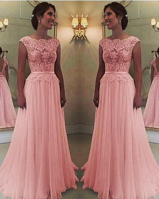 Blush Pink Chiffon Wedding Dress Lace Cap Sleeves