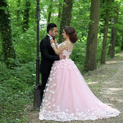 Blush Pink Tulle Long Sleeves Evening Gowns With Floral Flowers