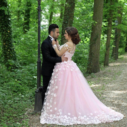Blush Pink Tulle Long Sleeves Evening Gowns With Floral Flowers