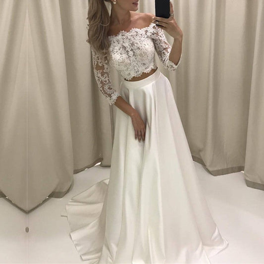 Boho Style Lace Sleeved Two Piece Wedding Dresses Beach Bridal Gowns