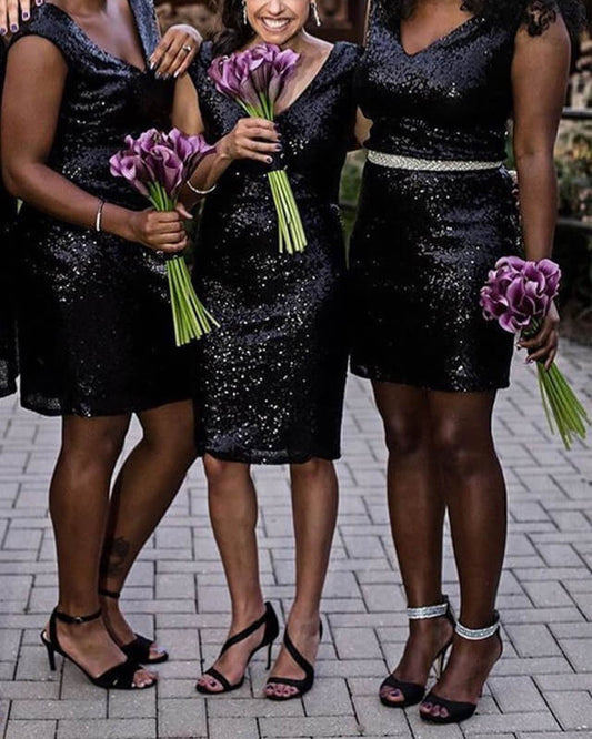 Short Black Tight Sequin Bridesmaid Dress