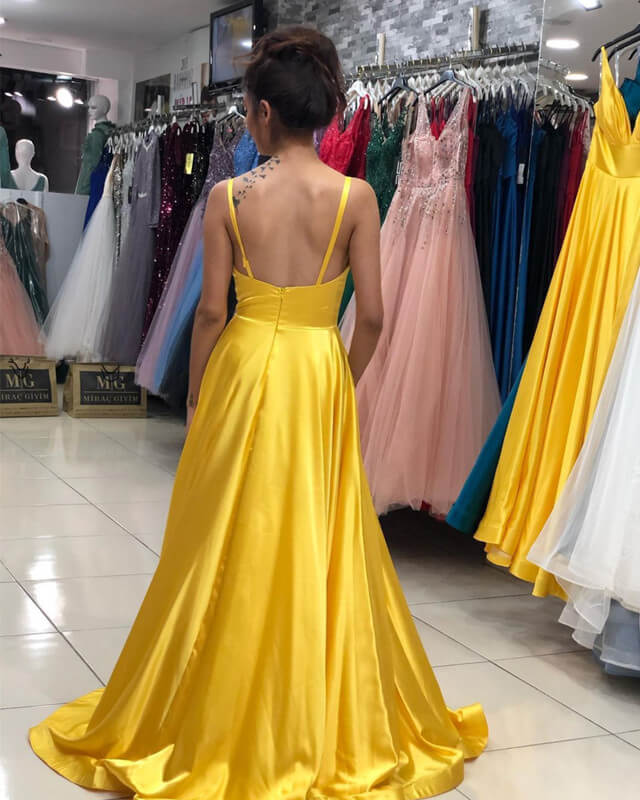 Yellow Gold Satin Plunge Neck Split Dress