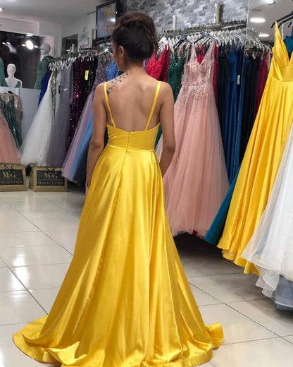 Yellow Gold Satin Plunge Neck Split Dress
