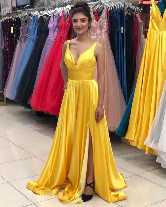 Yellow Gold Satin Plunge Neck Split Dress