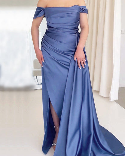 Mermaid Ruched Satin Off-the-shoulder dress with slit