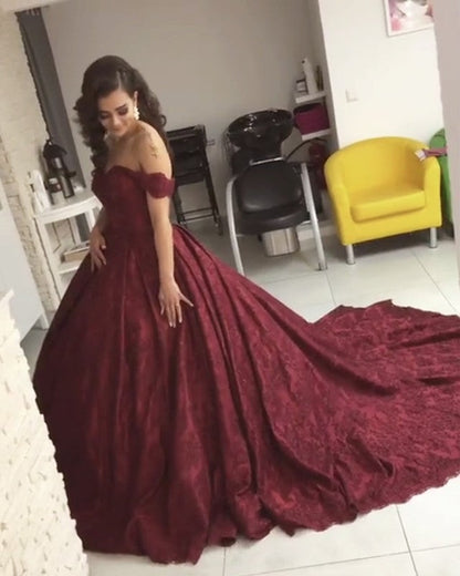 Burgundy Lace Ball Gown Off Shoulder Wedding Dresses