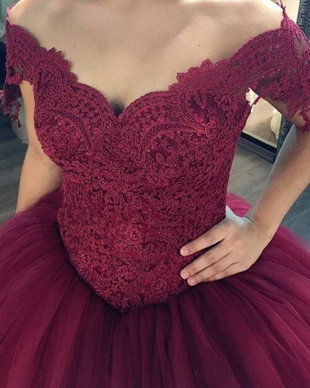 Burgundy Wedding Dresses Ball Gowns Lace Off The Shoulder