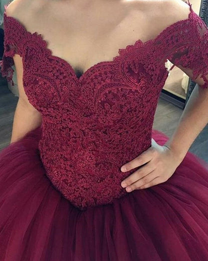 Burgundy Wedding Dresses Ball Gowns Lace Off The Shoulder